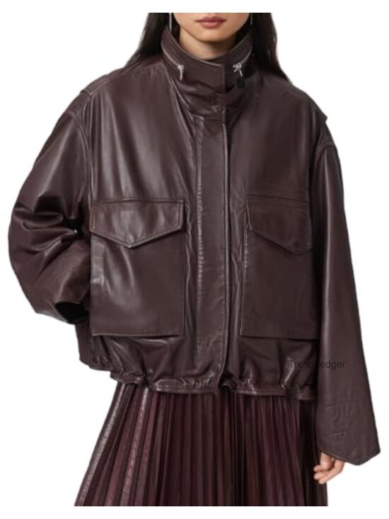 Jackets & Blazers - Cropped Genuine Leather Jacket Funnel Neck Zip Closure